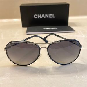 CHANEL black aviator sunglasses with braided leather/metal detail